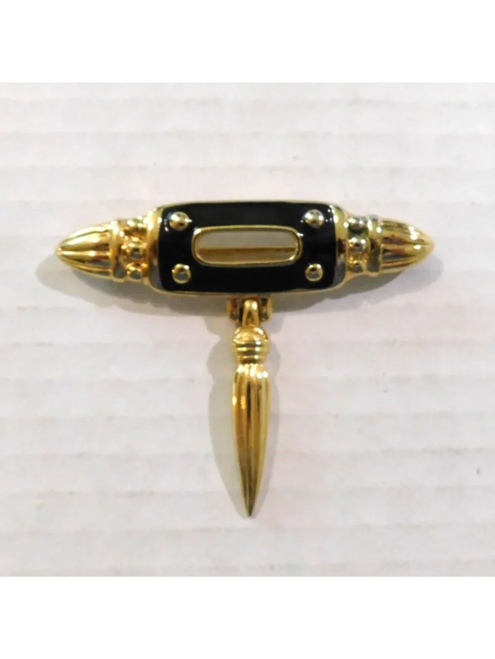 Premier Designs Vintage Signed Pin Gold Plated Black Enamel Hanging Charm Brooch